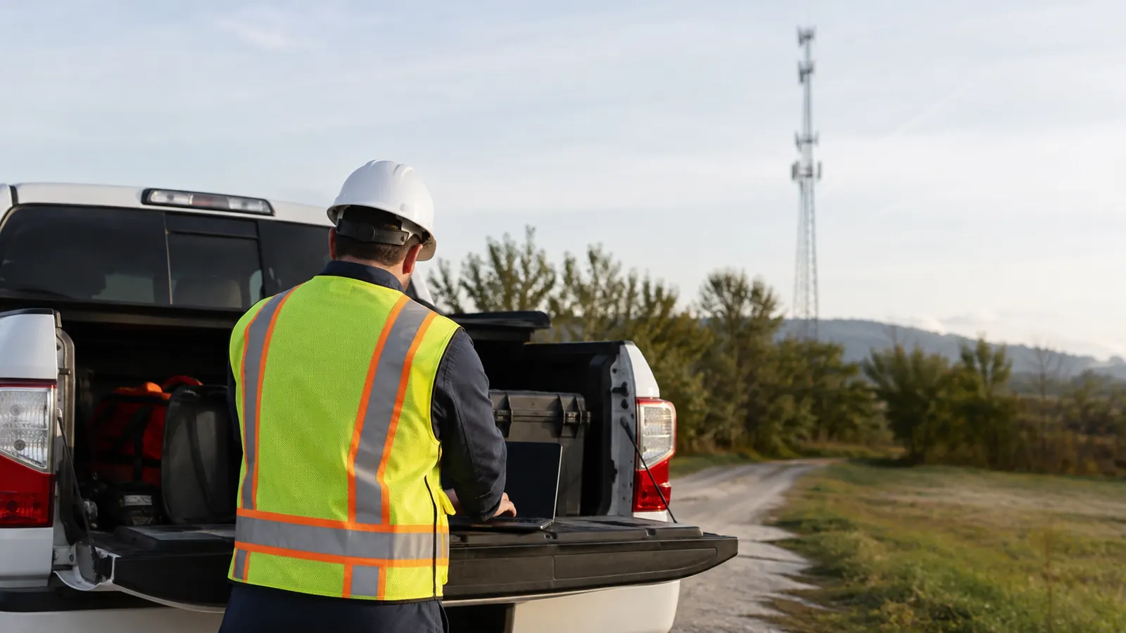 A worker in a hard hat and safety vest uses a laptop on a pickup truck tailgate near a lattice tower.