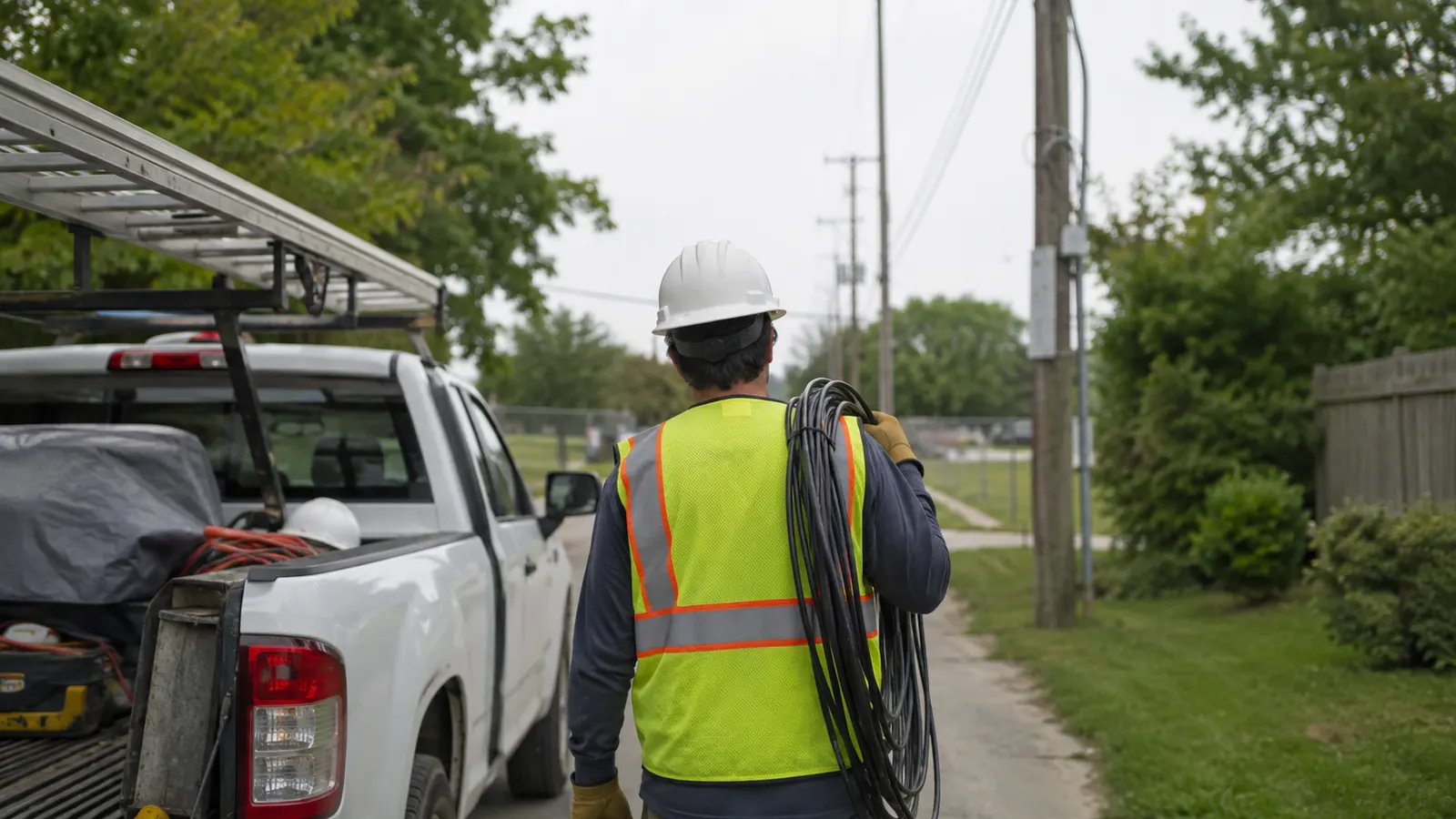 Worker in a hard hat and safety vest carries a coil of cable past a ladder truck toward a utility pole.