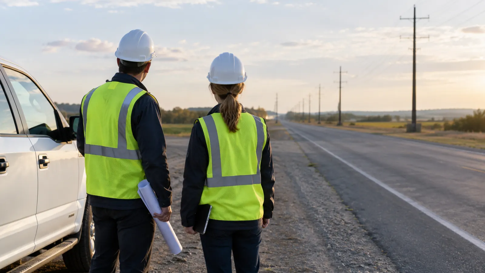 Two field staff in hard hats and safety vests survey a rural roadside beside a pickup.