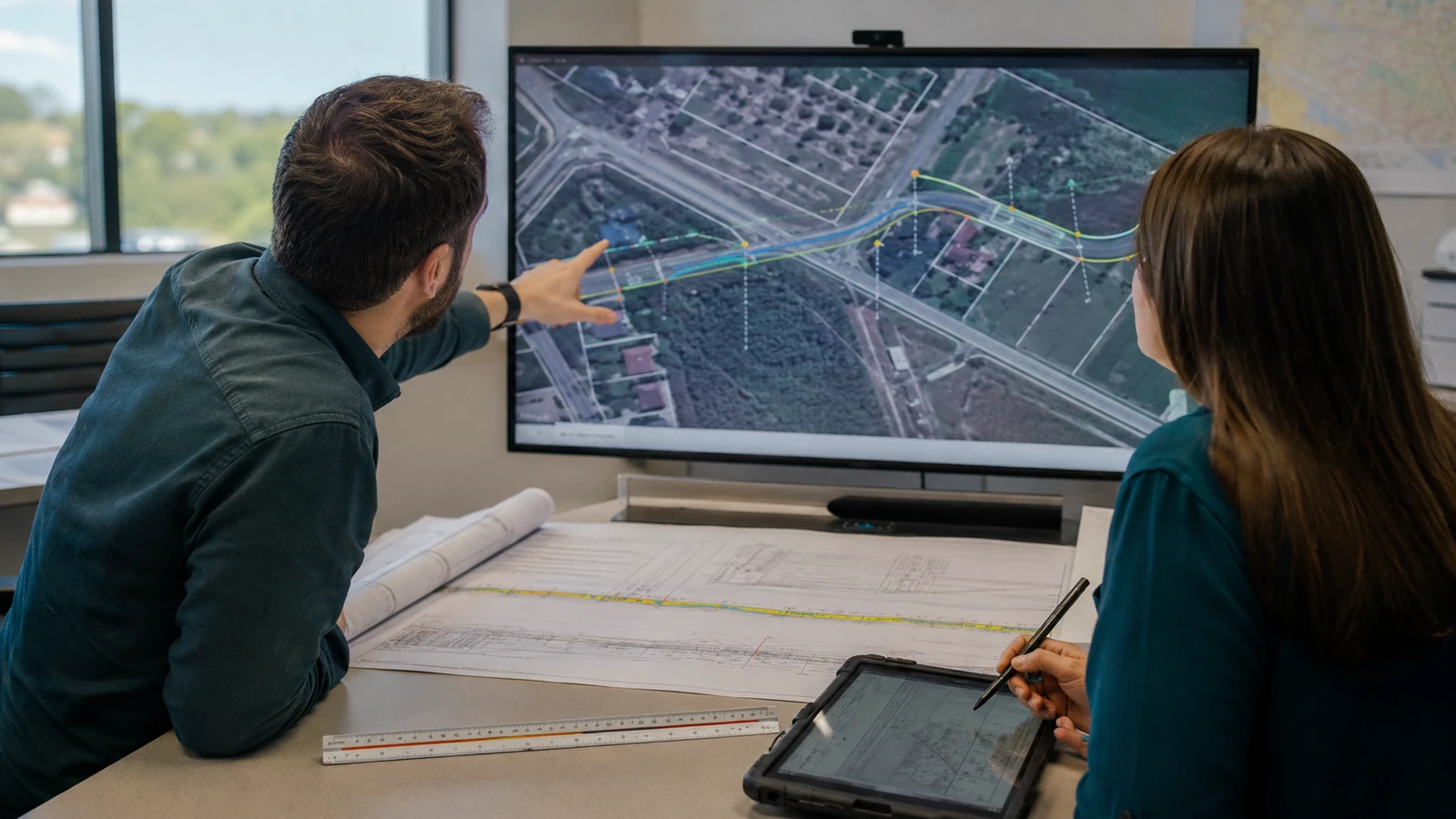 OSP engineer and GIS mapper reviewing a mapped fiber corridor and construction plans