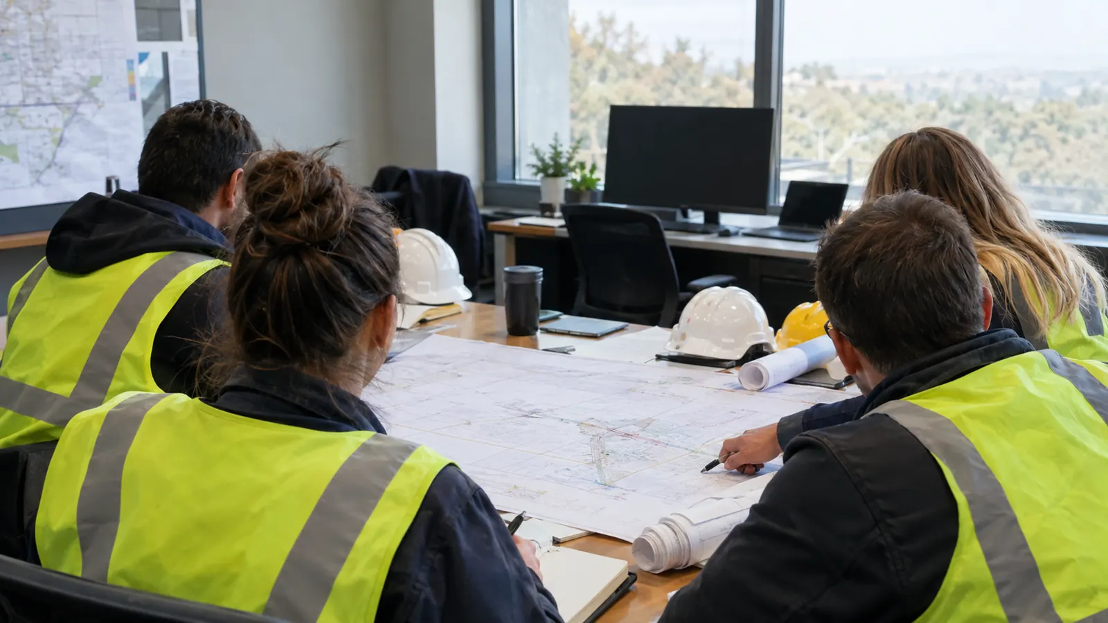 Four people in hi-vis vests review a large plan sheet on an office table beside hard hats, one pointing with a pen.