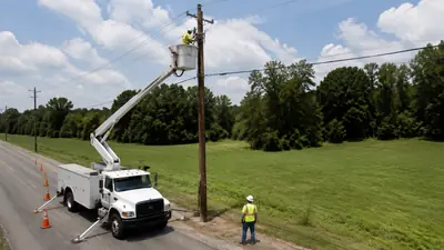 Bucket truck and lineworkers constructing an overhead distribution line with proper PPE and traffic control