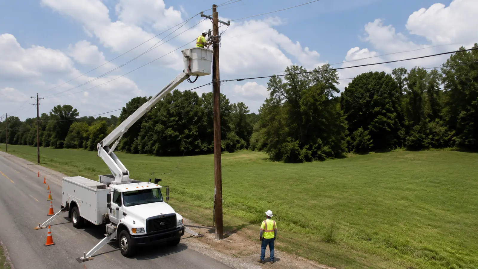 Bucket truck and lineworkers constructing an overhead distribution line with proper PPE and traffic control