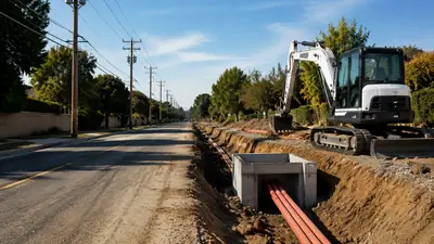 Overhead distribution poles beside a new underground conduit trench and electrical vault