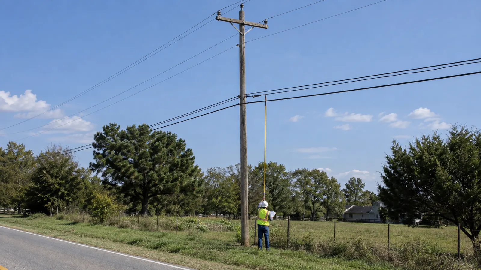 A worker in a hard hat and safety vest raises a height stick to a roadside wooden utility pole beside a rural pasture.