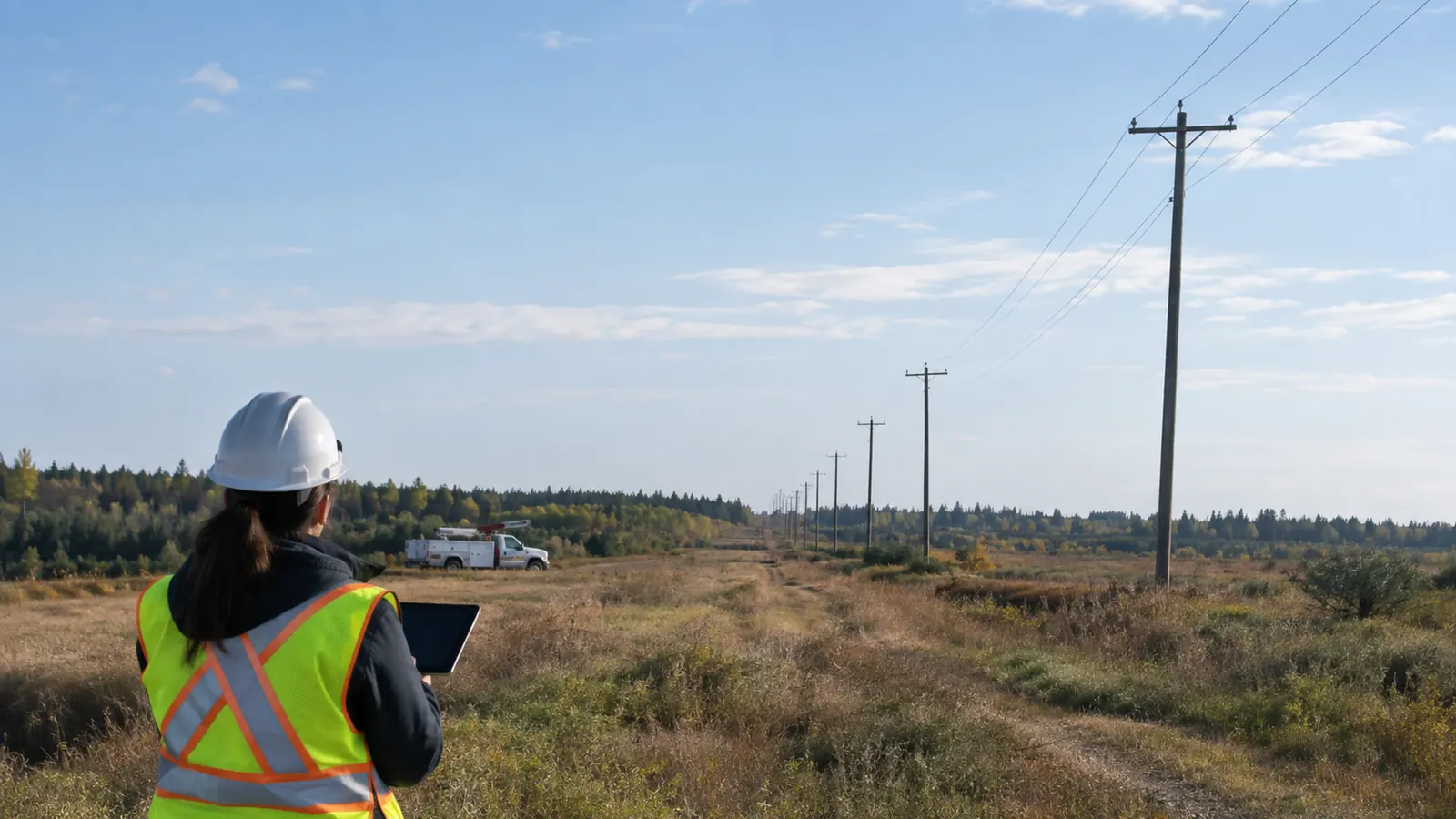 A person in a white hard hat and safety vest holds a tablet beside a rural line of utility poles, with a white utility truck parked in the field behind.