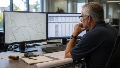 OSP engineer reviewing a pole inventory map and rate-calculation worksheet at an operations workstation