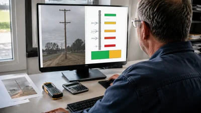 Pole-loading engineer reviewing field imagery and structural capacity results