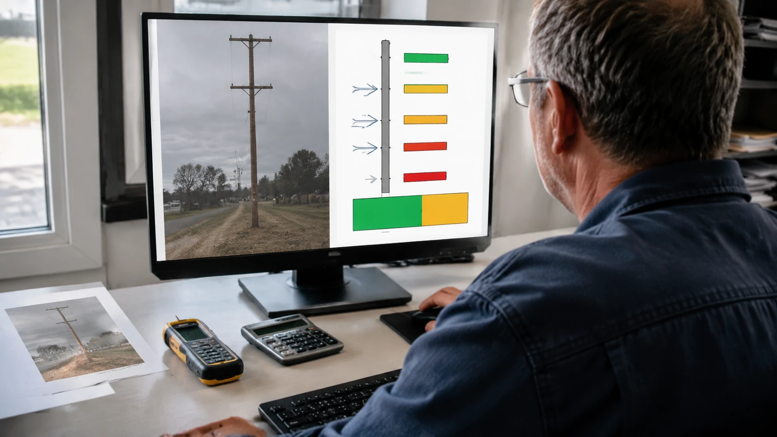Pole-loading engineer reviewing field imagery and structural capacity results