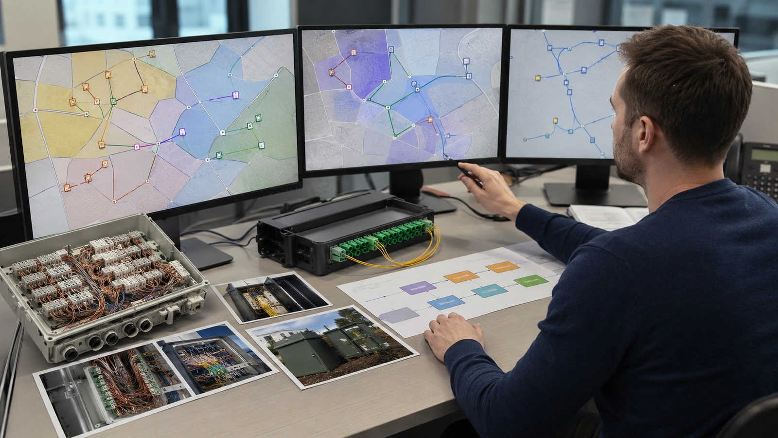 Telecommunications engineer tracing legacy copper pairs at a utility communications cabinet