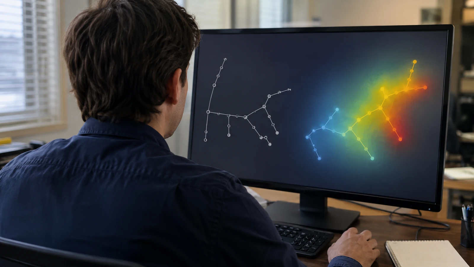 Rear three-quarter view of a person at a desk facing an ultrawide monitor with separate gray and multicolored branching diagrams