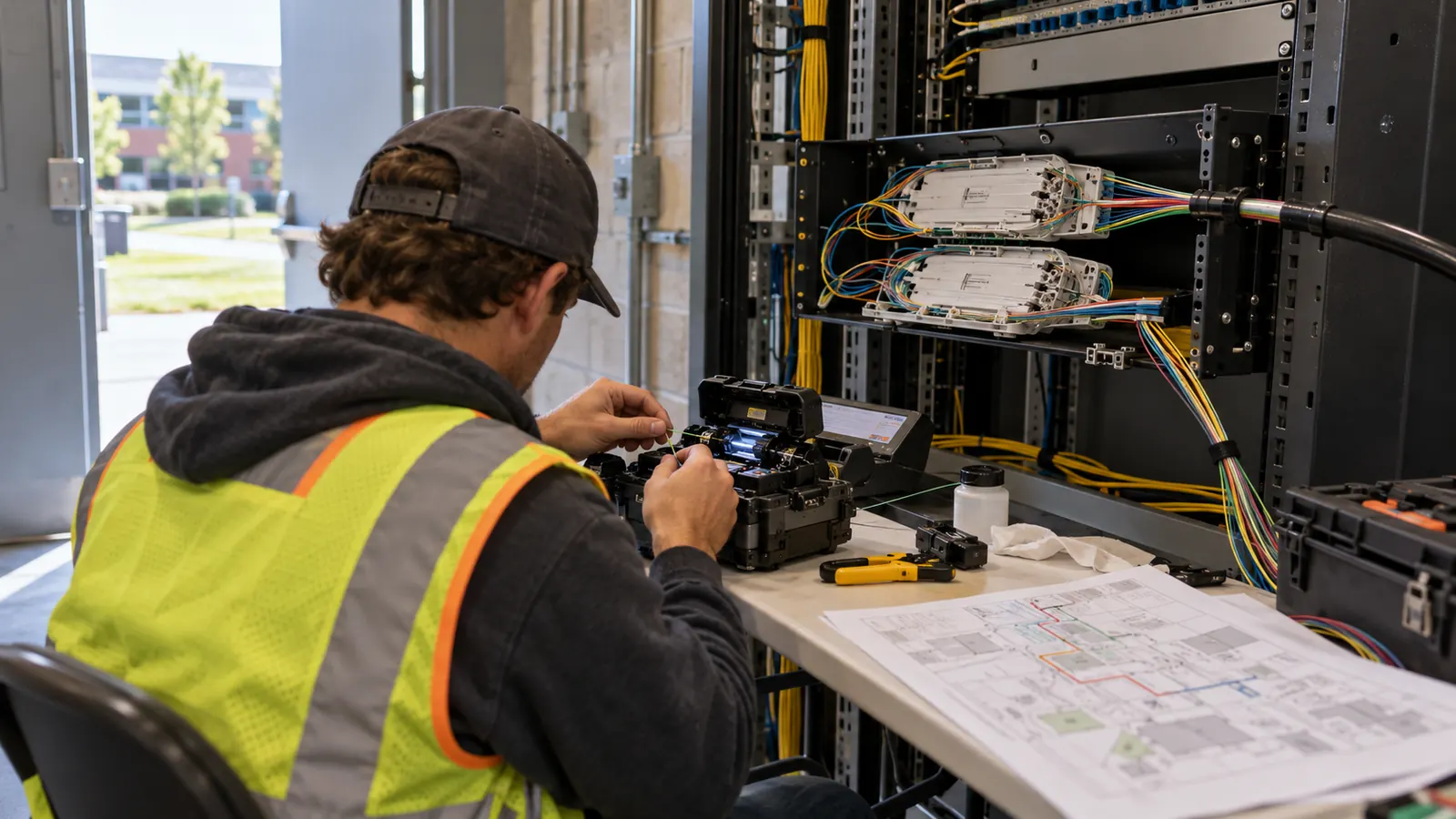 A technician in a safety vest uses a fusion splicer at a table beside an equipment rack, with a plan sheet nearby.