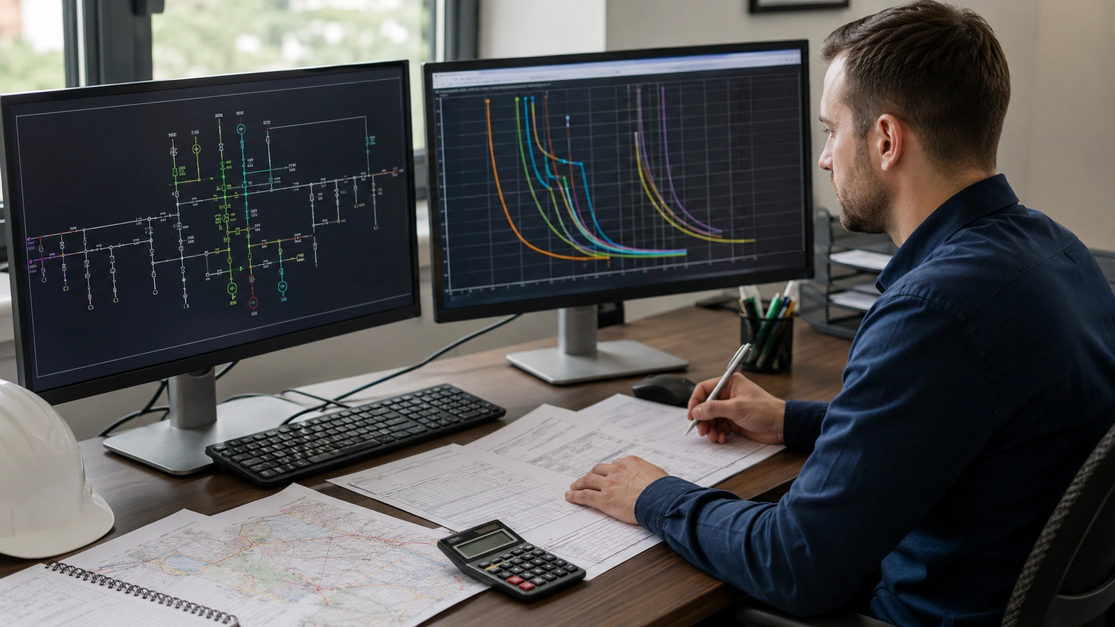 Protection engineer comparing time current curves with a utility one line diagram