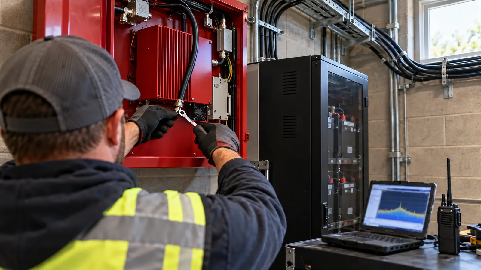 A technician in a safety vest uses a wrench on a red wall-mounted enclosure in a block-walled equipment room.
