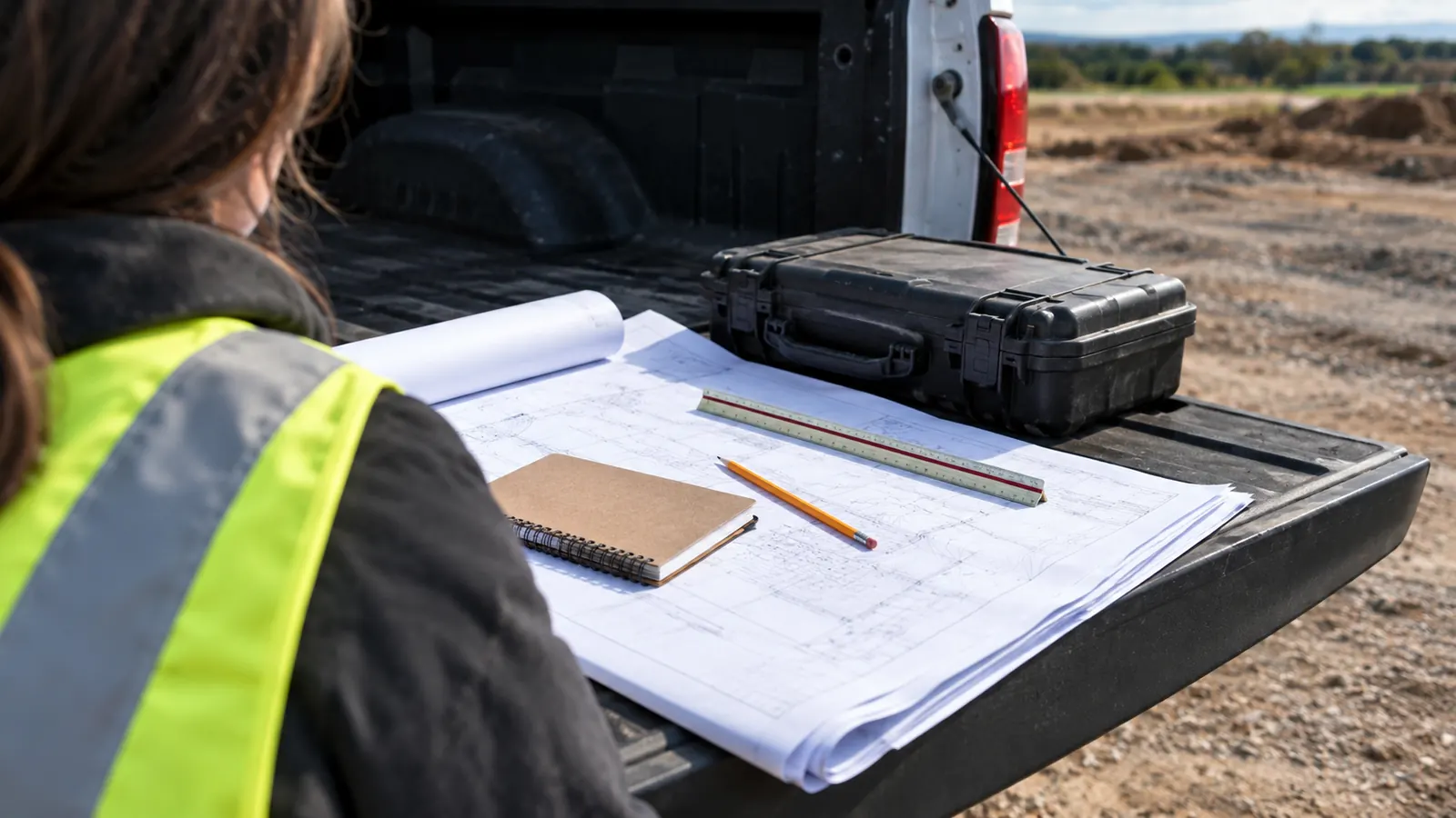 Worker in a hi-vis vest studies plans spread on a white pickup's tailgate at a dirt site.