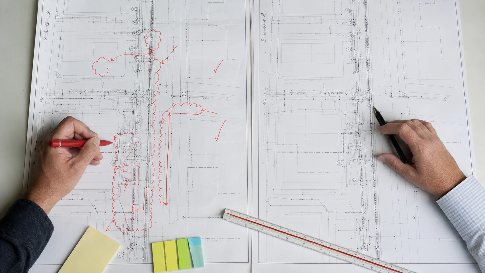 Marked construction plan beside a clean final as-built drawing during document review