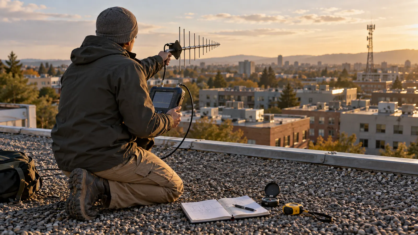 A person kneels on a gravel rooftop overlooking a city, aiming a directional antenna wired to a handheld meter.