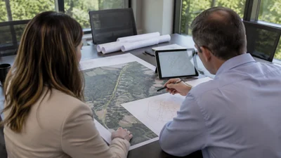 Two people review an unlabeled aerial corridor and parcel presentation in an office.