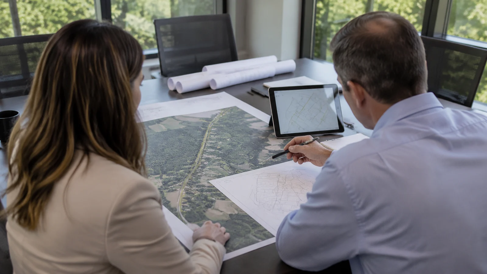 Two people review an unlabeled aerial corridor and parcel presentation in an office.
