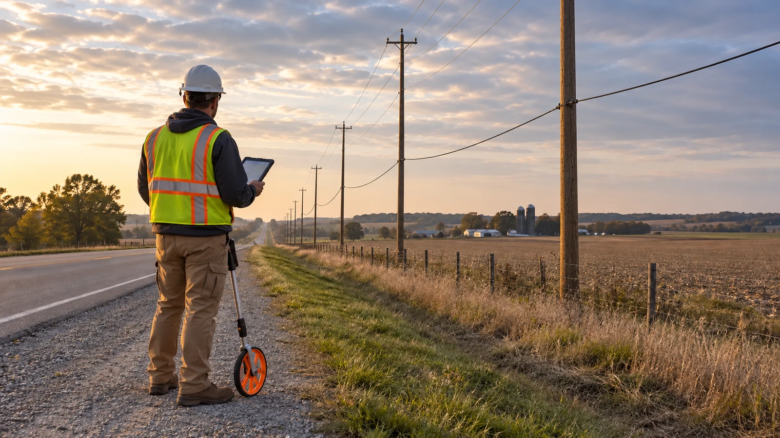 A worker in a hard hat and safety vest holds a tablet and measuring wheel by a rural road lined with utility poles.
