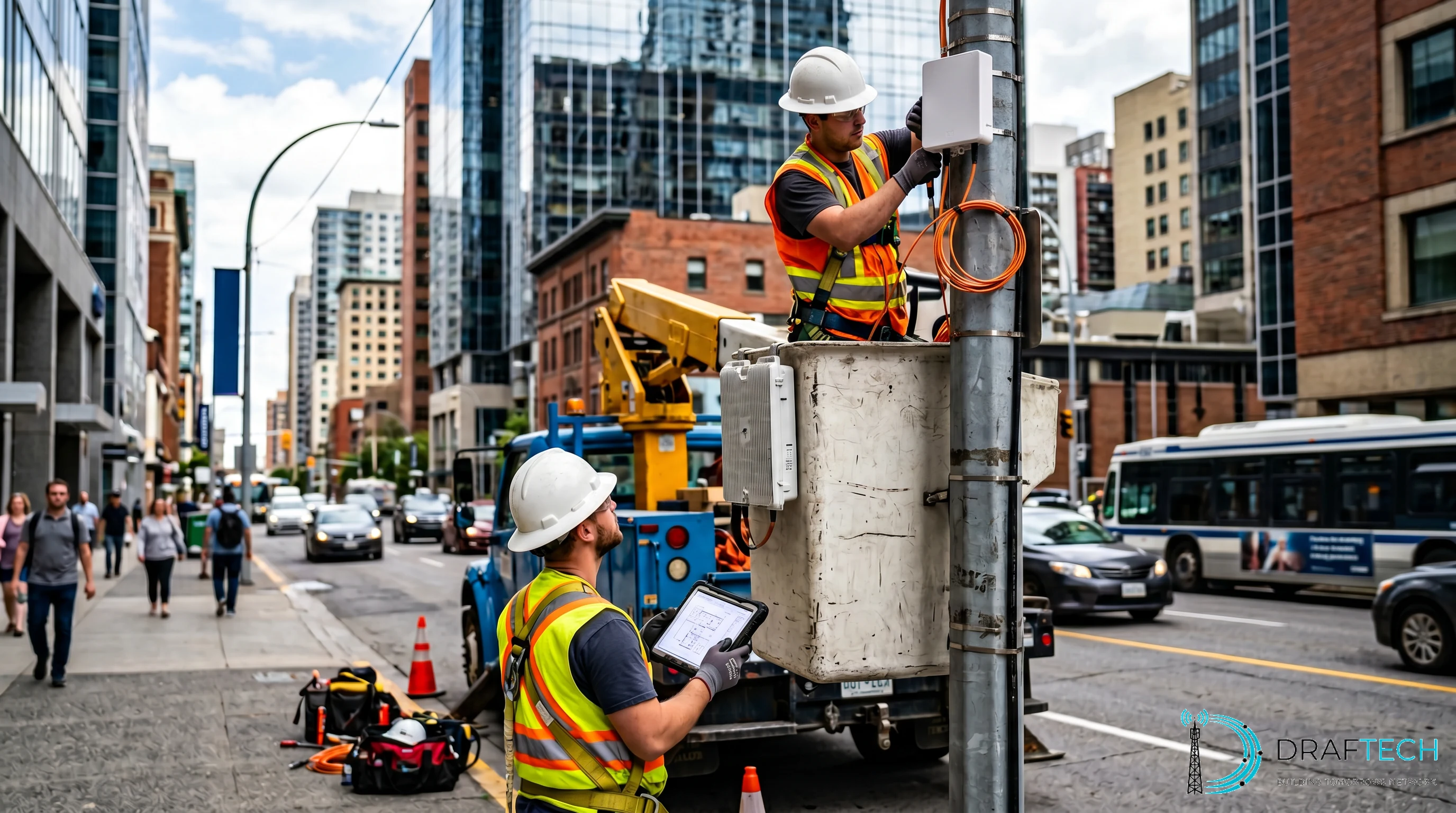 Telecom engineers installing small cell 5G fiber backhaul on an urban streetlight pole with bucket truck