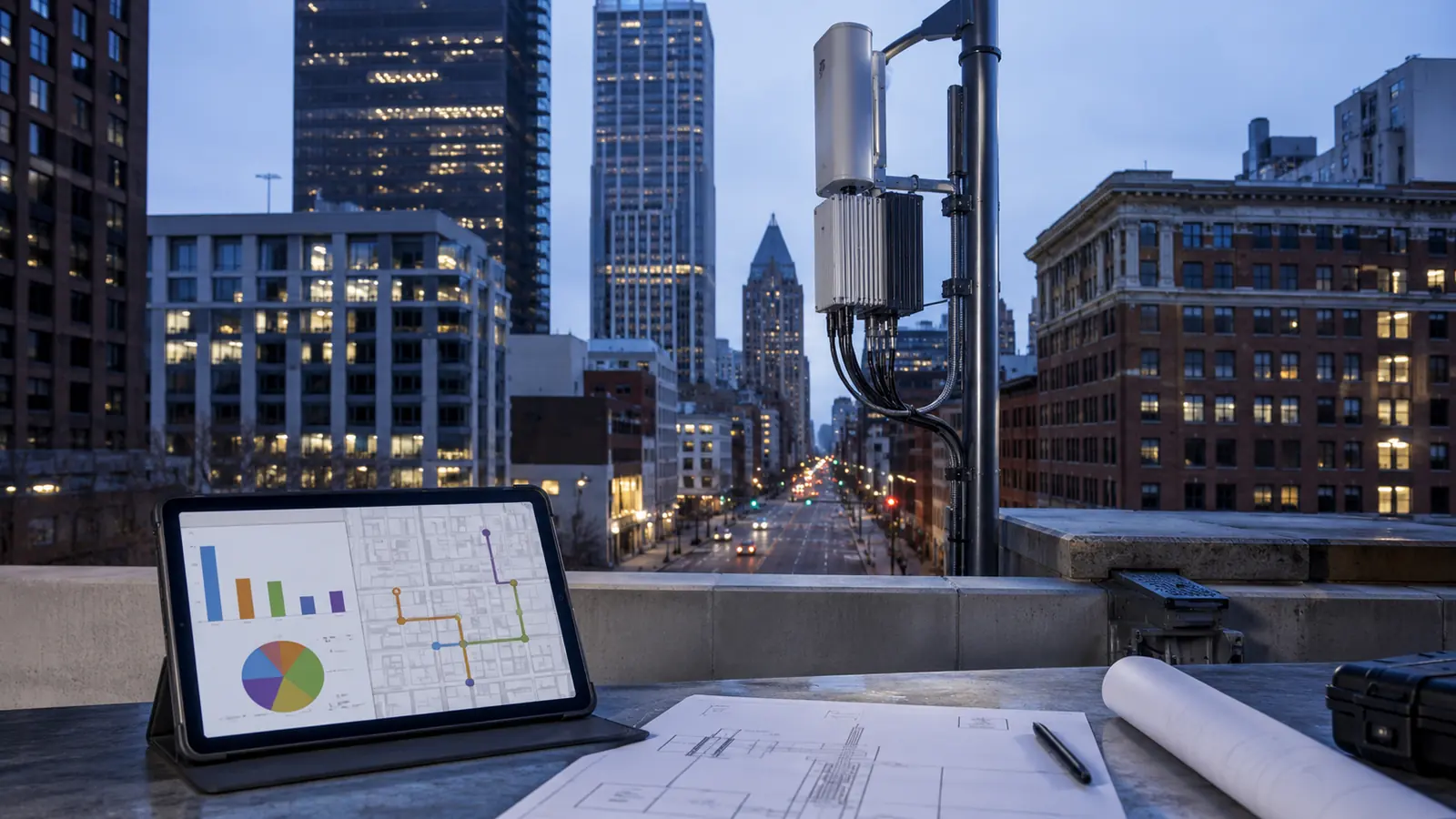 Unbranded small cell pole installation beside a route and cost planning workstation