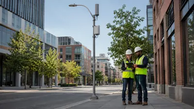 Small cell permitting timeline illustrated by a small cell node on a streetlight pole with a permit review document overlay