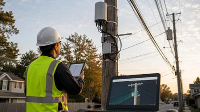 Field engineer reviewing small cell pole loading requirements beside a utility pole with aerial attachments