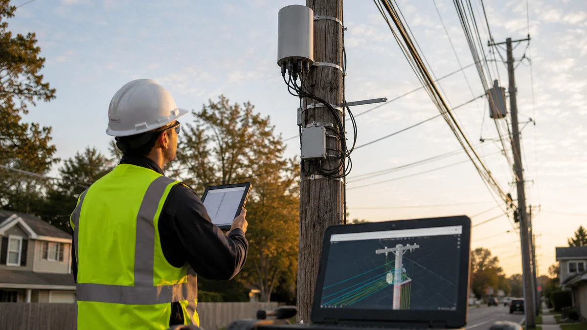 Field engineer reviewing small cell pole loading requirements beside a utility pole with aerial attachments