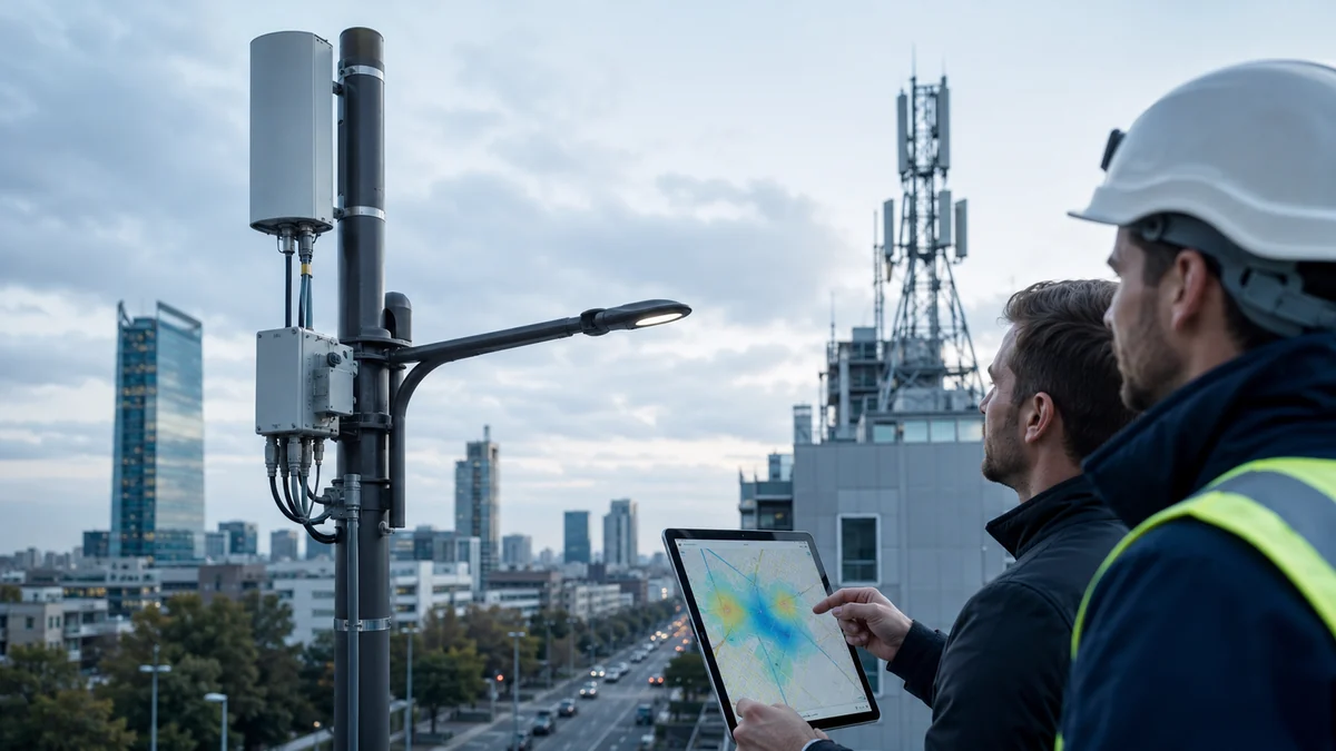 Wireless engineers comparing a street-level small cell node with a macro cell site for 5G network planning