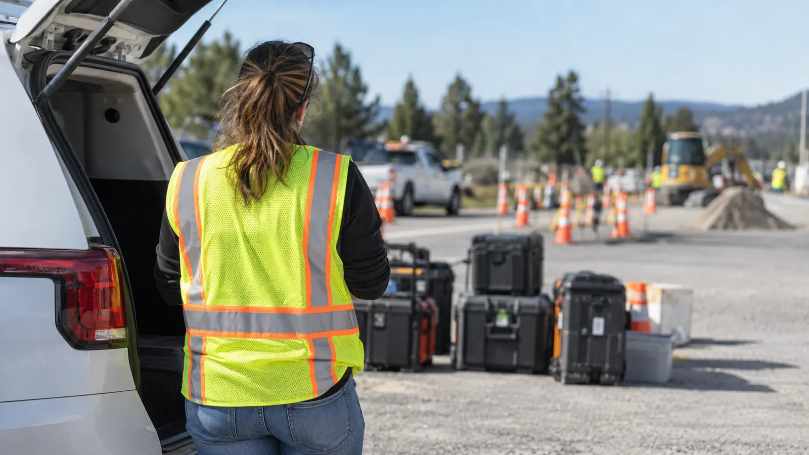 A worker in a safety vest stands at an open white SUV beside equipment cases, facing a coned-off roadside dig with an excavator.