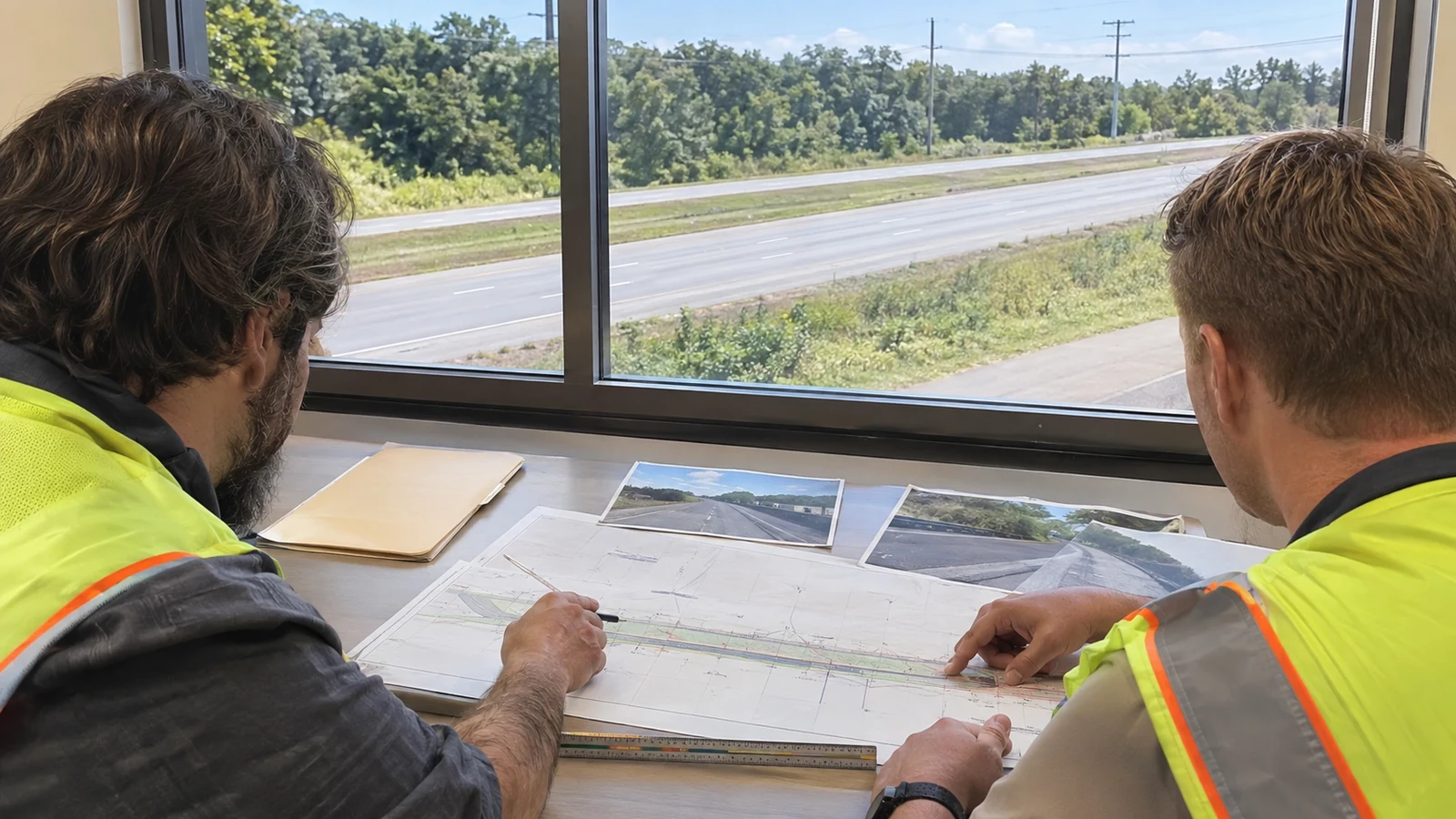 Two high-visibility-vested staff review an unlabeled roadway plan and corridor photos beside a highway.