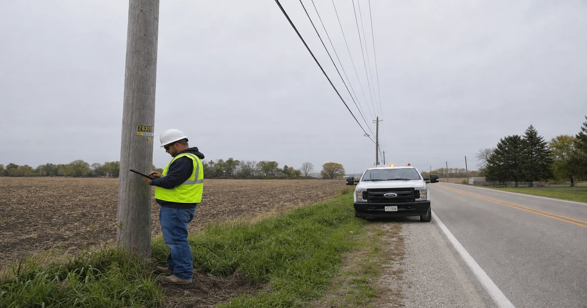 Field technician at utility pole on rural road recording aerial plant data on a tablet