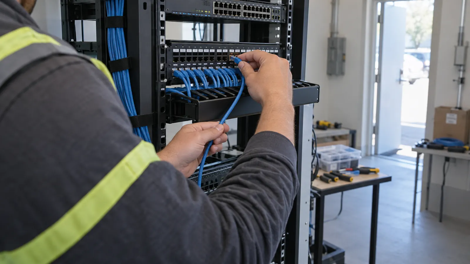 A worker in a hi-vis striped shirt plugs a blue patch cable into a patch panel on an open rack in a bright room.