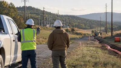 Two hard-hatted workers by a white pickup, one pointing at a distant substation near a trench with orange conduit.