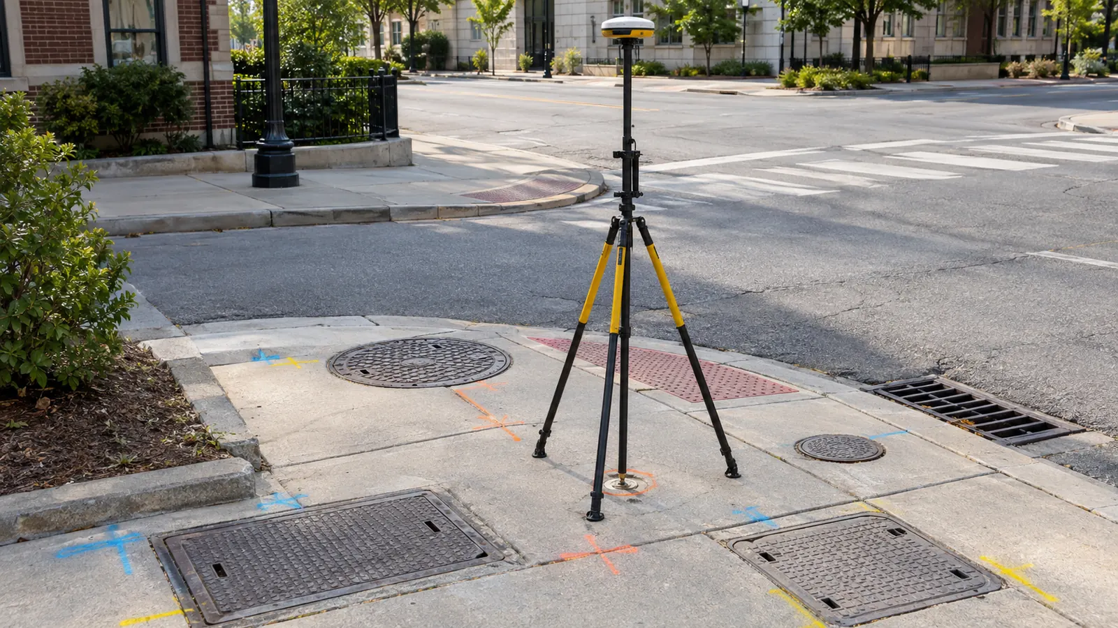 GNSS survey equipment positioned at an urban intersection with closed utility covers and pavement markings.