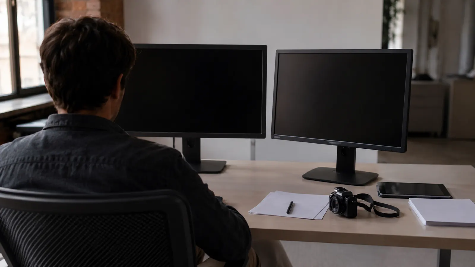 GIS coordinator sits at a desk with two dark monitors, a closed tablet, and a field camera.