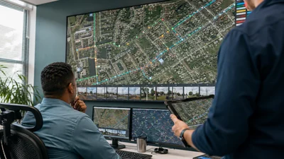 GIS team reviewing telecom routes, structures, status points, and linked field photographs