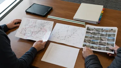 Telecom closeout binder beside fiber route drawings and labeled test records on a project desk