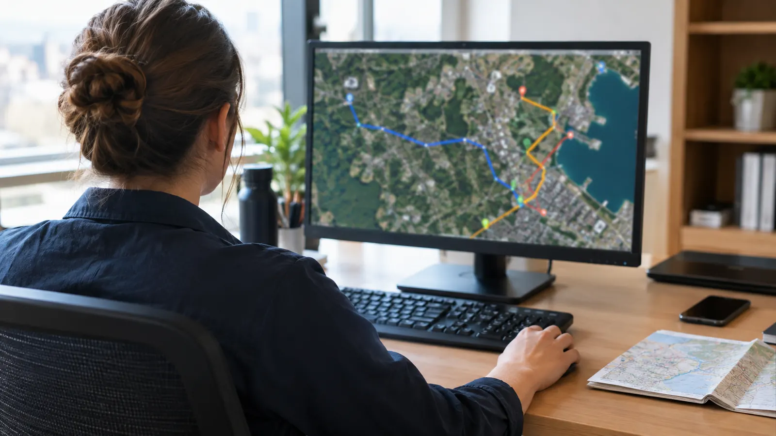 A person at an office desk looks at colored routes on a satellite map on a computer monitor, with a paper map beside them.
