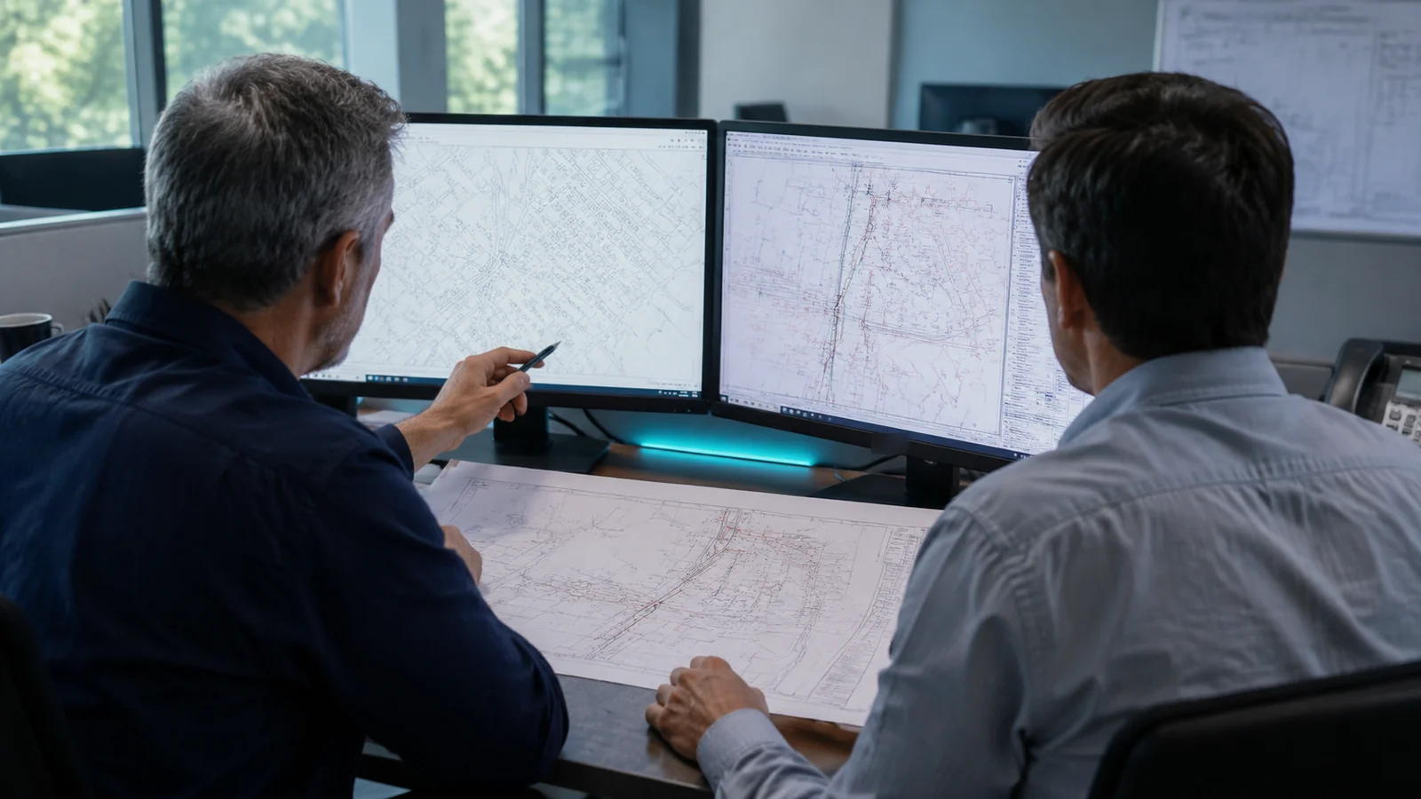 Two people viewed from behind compare route maps and CAD basemap drawings on two office monitors and a printed plan.