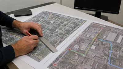 Telecom drafting rates guide illustrated by a CAD workstation showing a fiber route drawing and GIS map layers
