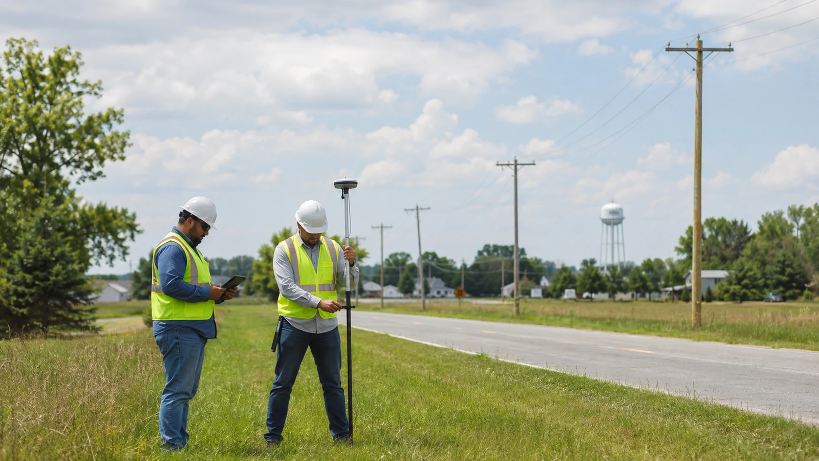 OSP engineers collecting GNSS survey data along a rural community road