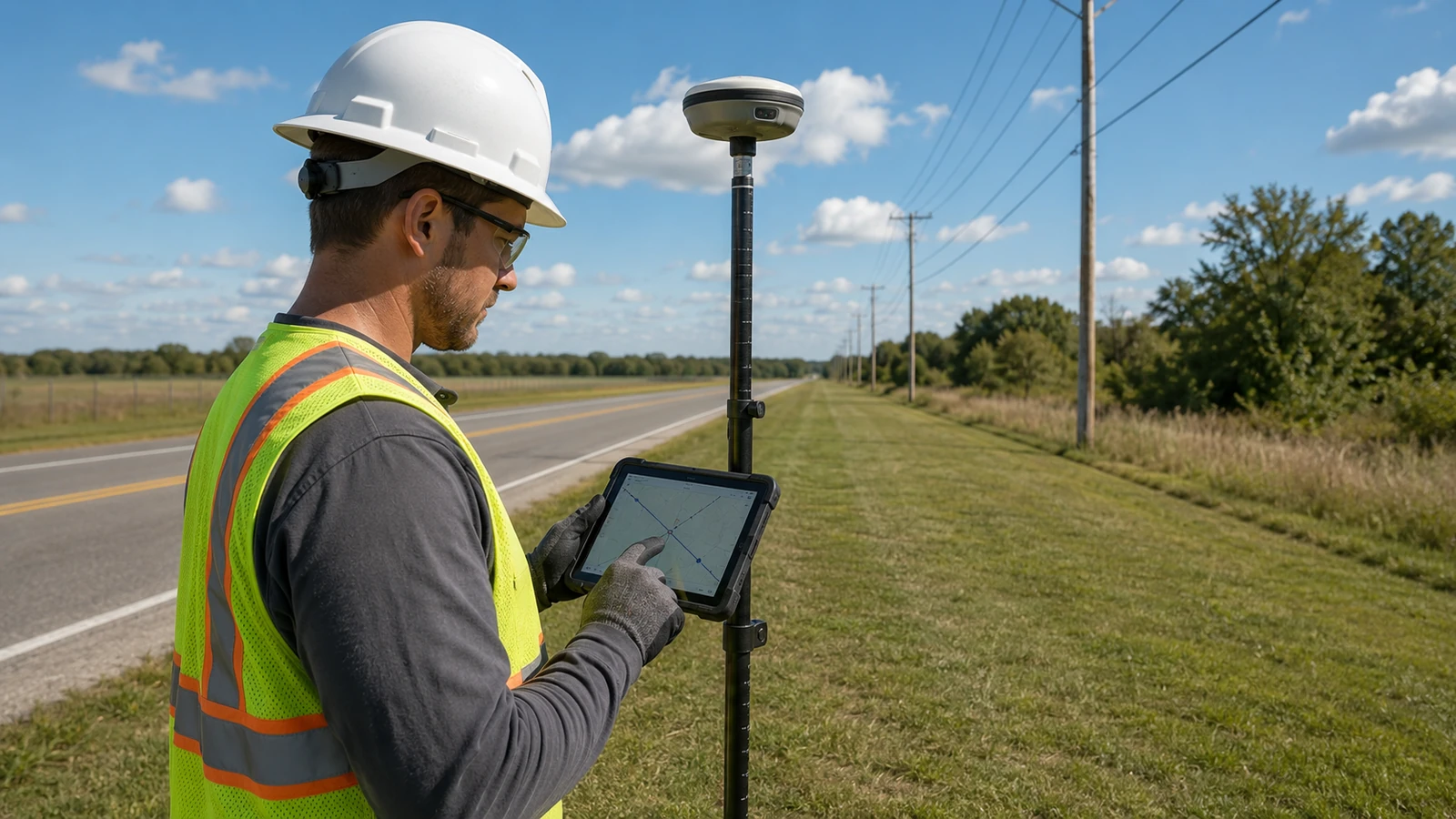 OSP field technician using a rugged tablet and survey-grade GNSS receiver from a safe roadside shoulder