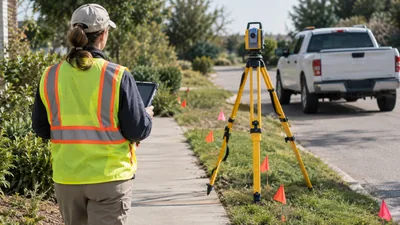 A surveyor in a high-visibility vest holds a tablet on a suburban sidewalk beside a tripod-mounted instrument, orange marker flags, and a white pickup truck.
