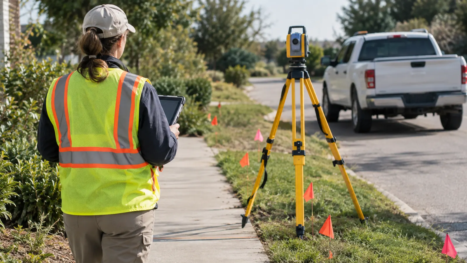 A surveyor in a high-visibility vest holds a tablet on a suburban sidewalk beside a tripod-mounted instrument, orange marker flags, and a white pickup truck.