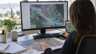 A person at a desk by a window studies a color-coded aerial map on a monitor while pointing a pen at a printed map.