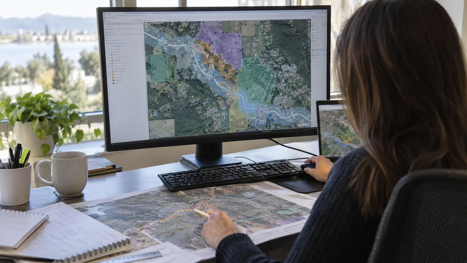 A person at a desk by a window studies a color-coded aerial map on a monitor while pointing a pen at a printed map.