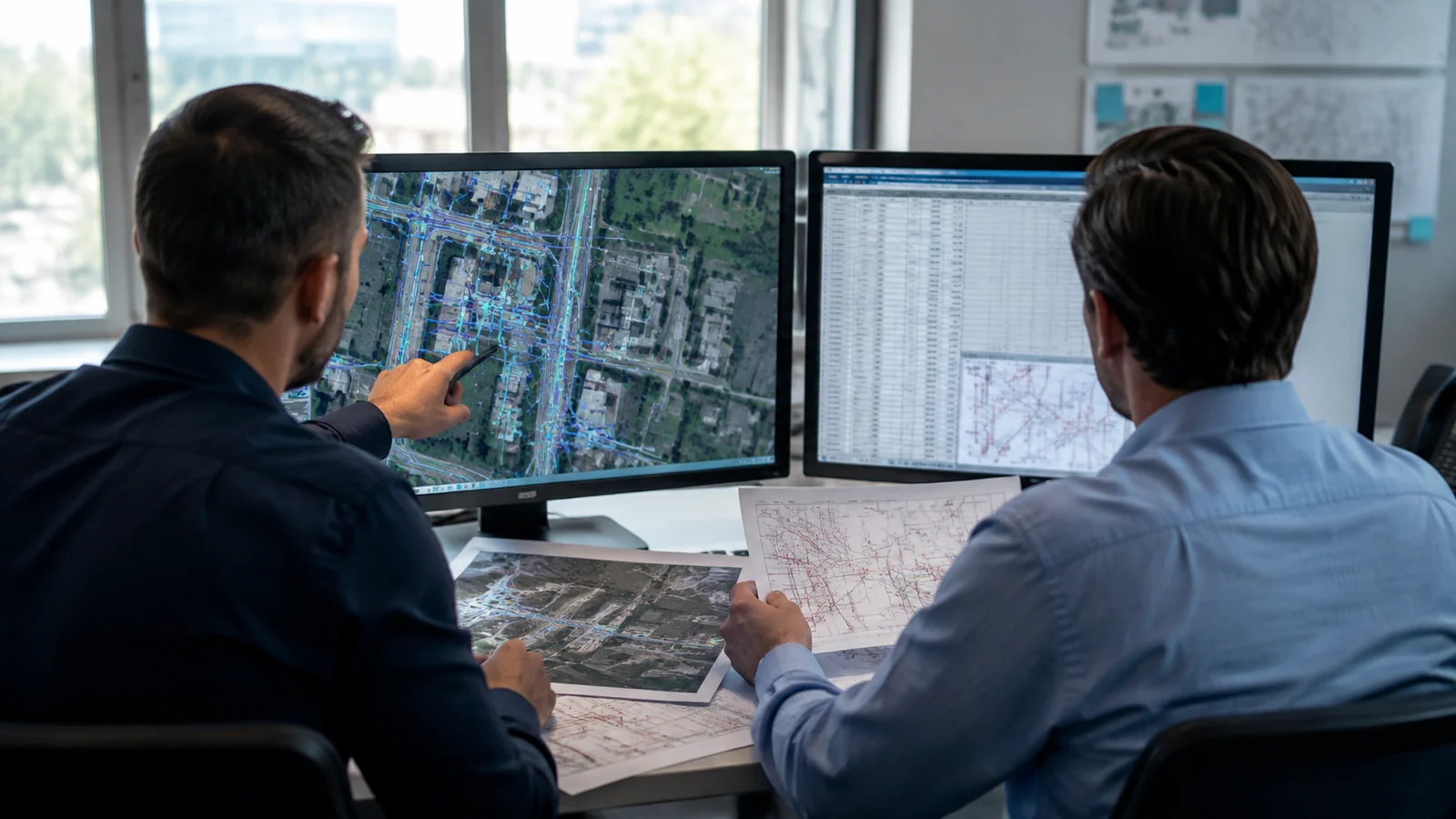 Two people viewed from behind compare unlabeled route maps and network-record views at a workstation.