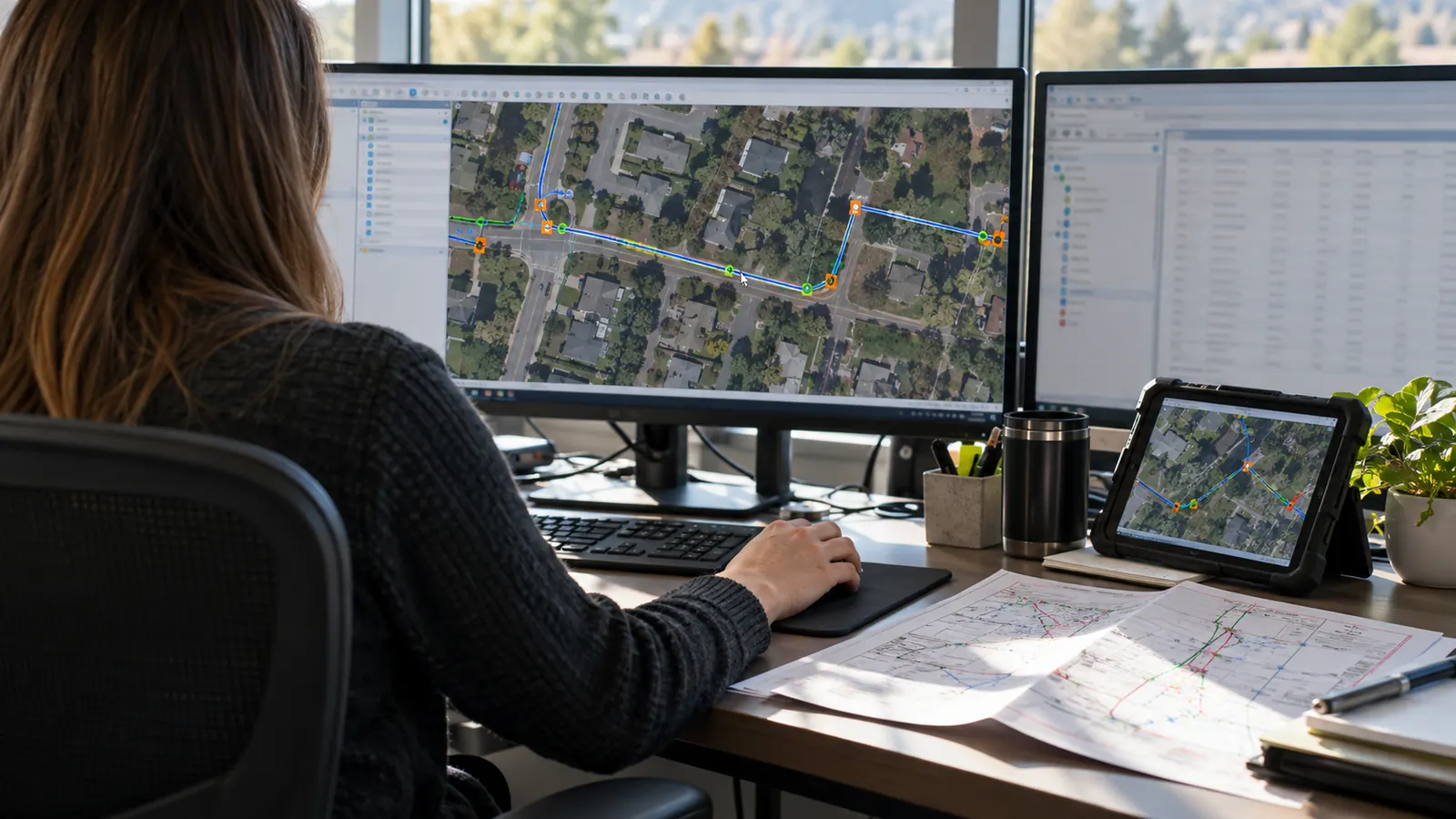 A woman at an office desk uses a mouse while viewing a route on an aerial map across two monitors, a tablet and paper plans.